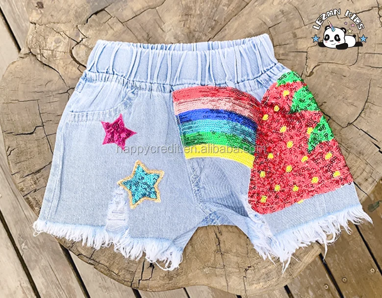 LEZONKIDS - Custom Children Clothing Kids Denim Shorts Light Blue Sequin Ripped  Edge Elastic Waist Girls Denim Shorts